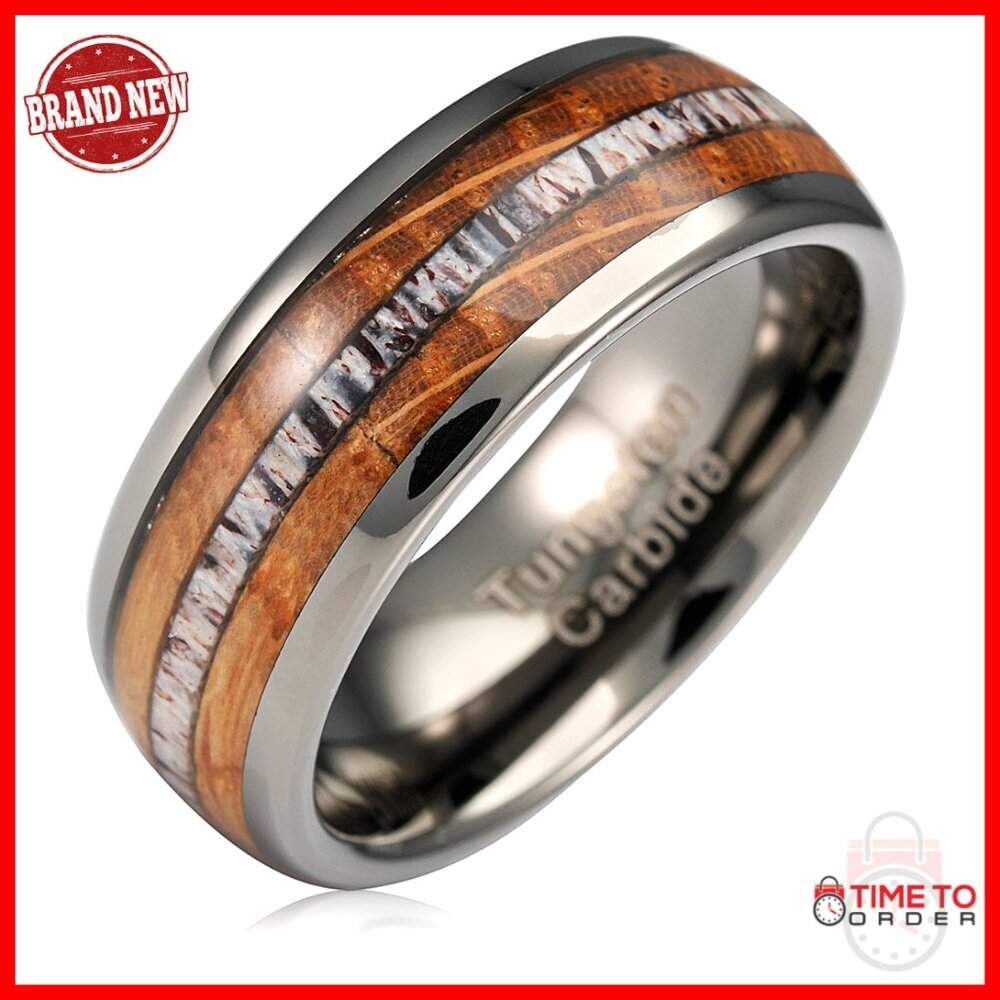 Tungsten Carbide Whiskey Barrel Wood Elk Antler Inlay Wedding Band Size 6-16